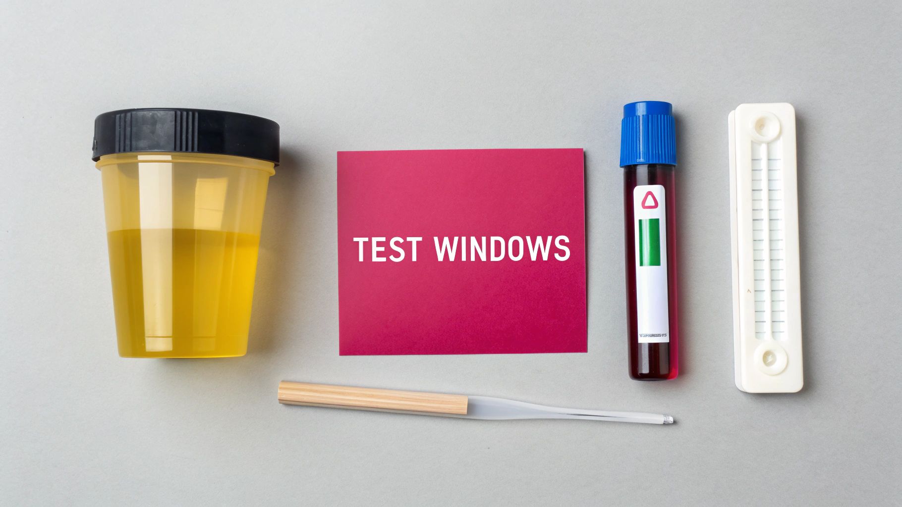 A flat lay of medical test items including a urine cup, blood tube, and a card reading 'TEST WINDOWS'.