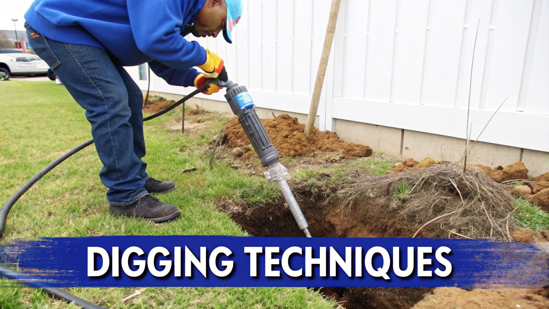 A person in blue uses a power digging tool to create a trench in a grassy area.