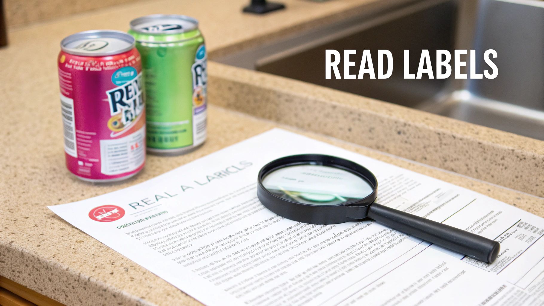 A magnifying glass on a document about reading labels, next to two soda cans on a kitchen counter.
