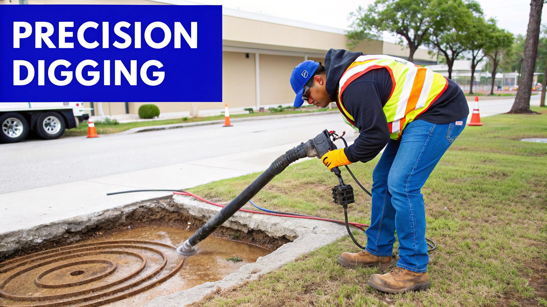 A worker uses a precision hydro excavation tool in a trench next to a road.