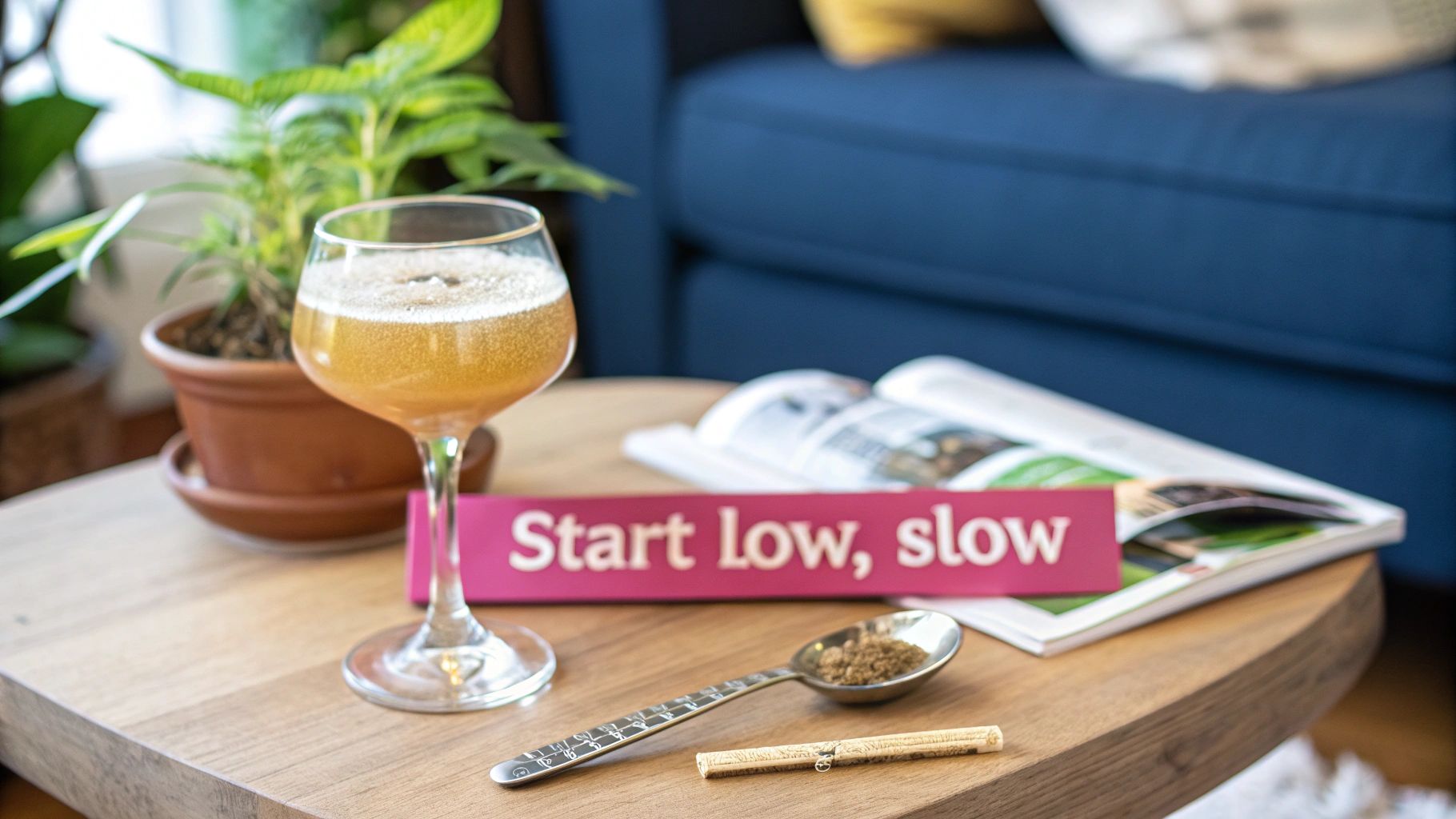 A glass of sparkling beverage, a spoon with ground material, and a 'Start low, slow' sign on a table.