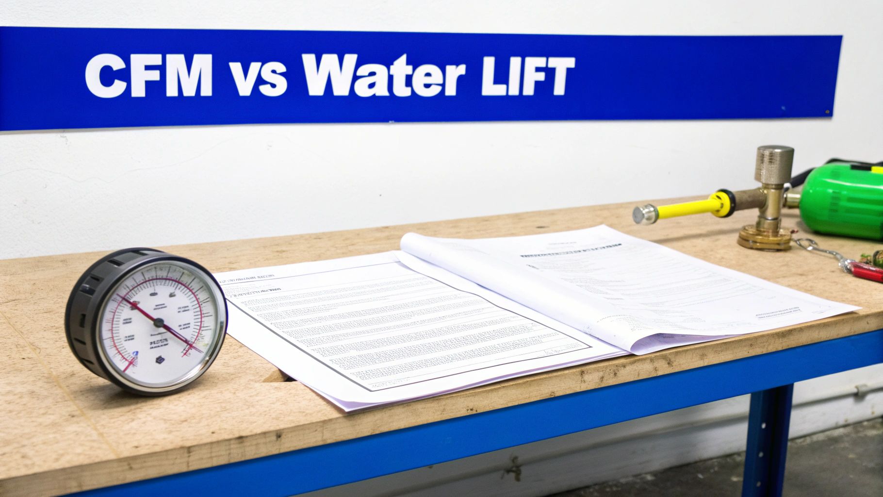 A workshop bench with a 'CFM vs Water LIFT' sign, a pressure gauge, and open documents.