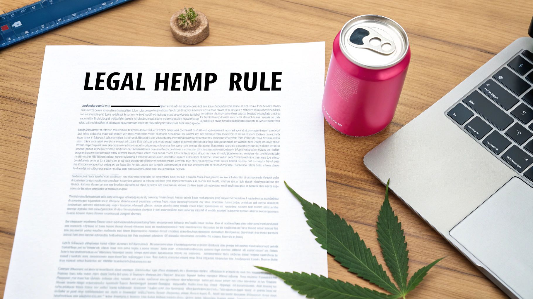 A document titled 'LEGAL HEMP RULE' on a wooden desk with a cannabis leaf, a pink can, and a laptop.