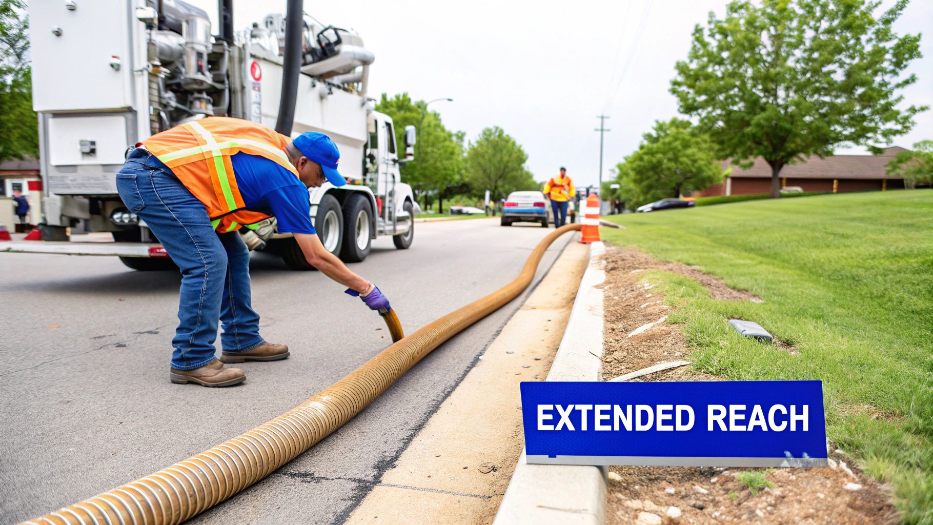 A worker in safety gear handles a long vacuum hose on a street next to a curb, with a truck and a sign for "EXTENDED REACH."