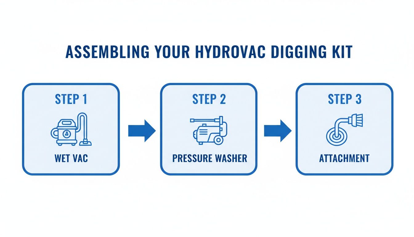 Diagram showing three steps to assemble a hydrovac digging kit: wet vac, pressure washer, and attachment.