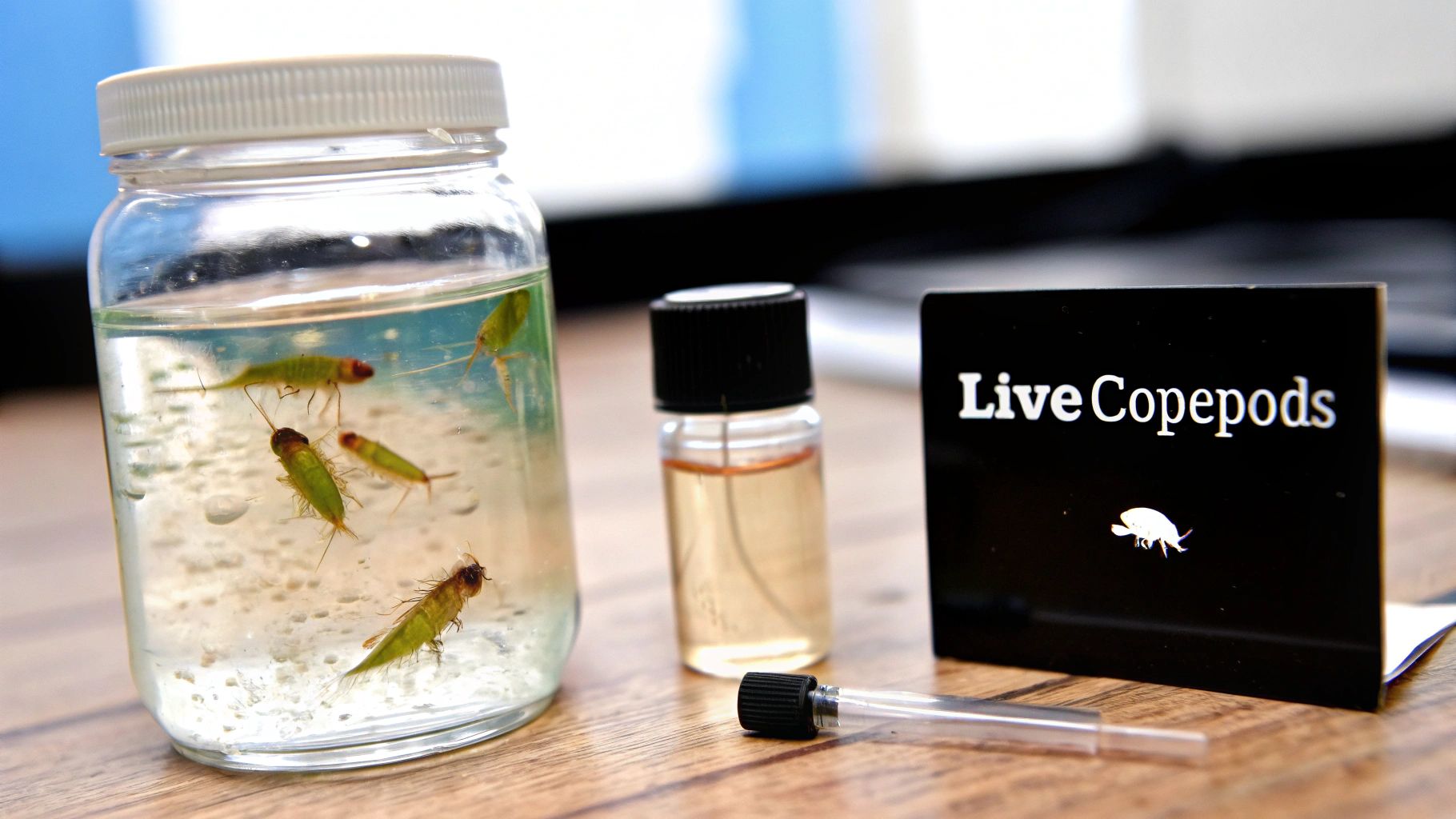 A clear jar filled with water and several live green copepods, next to a vial and a 'Live Copepods' sign.