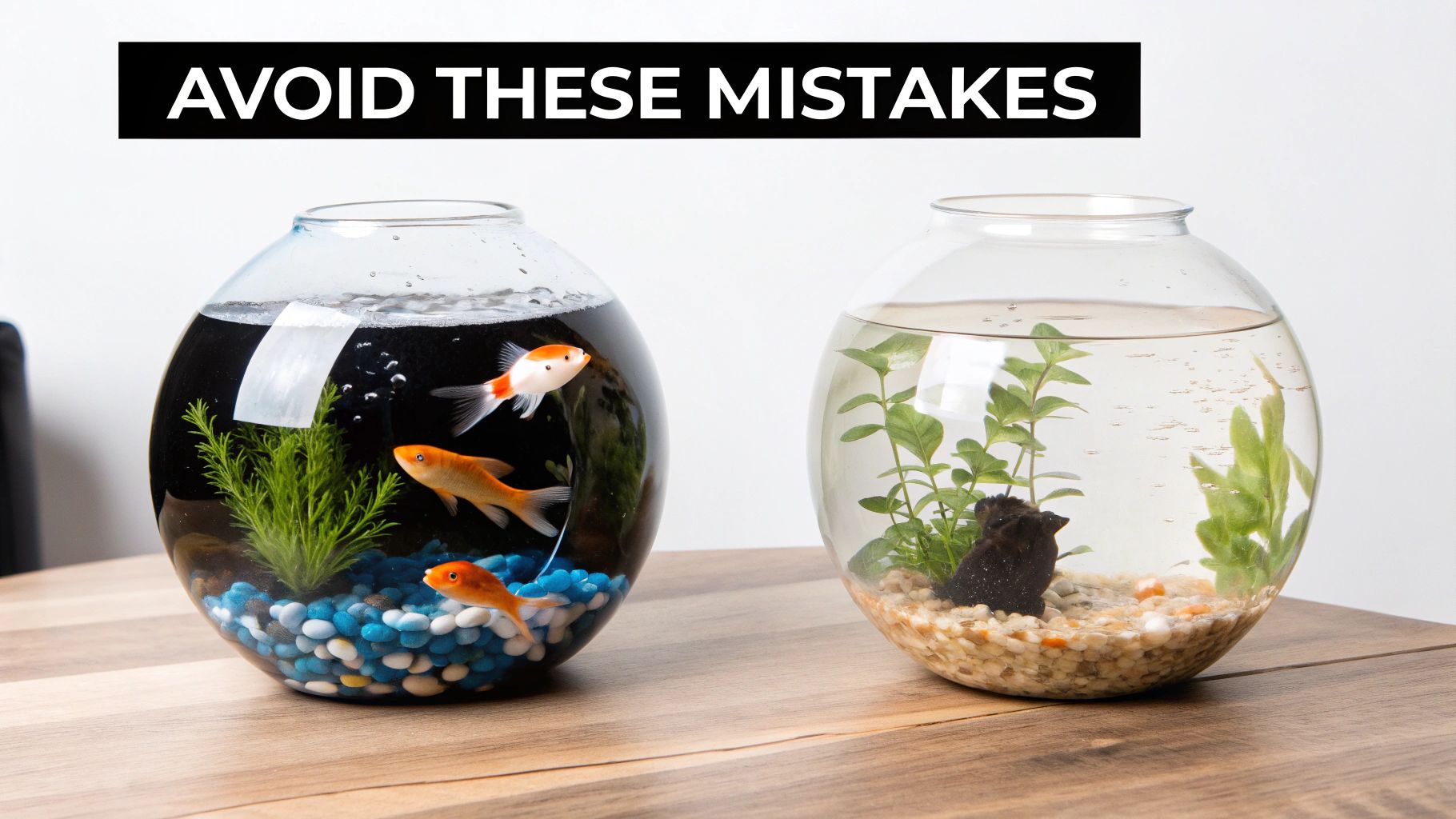 A warning sign submerged in an aquarium, humorously indicating common mistakes.