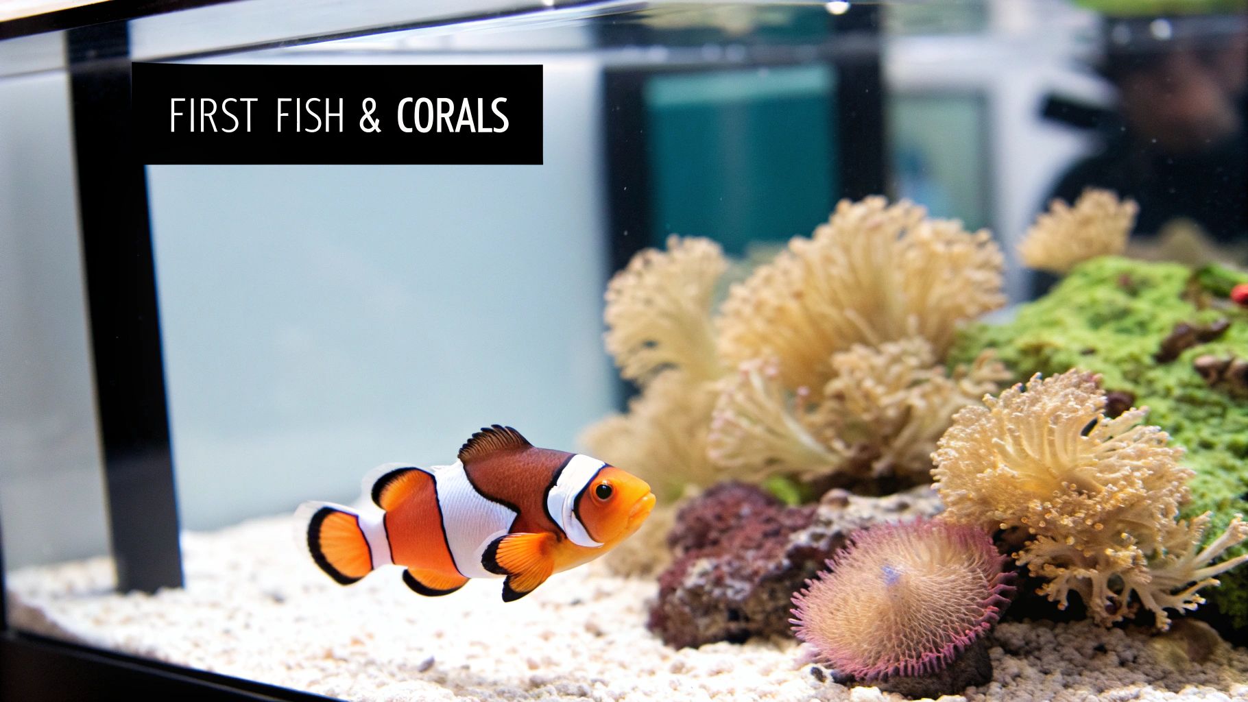Vibrant clownfish swimming near a healthy anemone, representing the first inhabitants of a new reef tank.