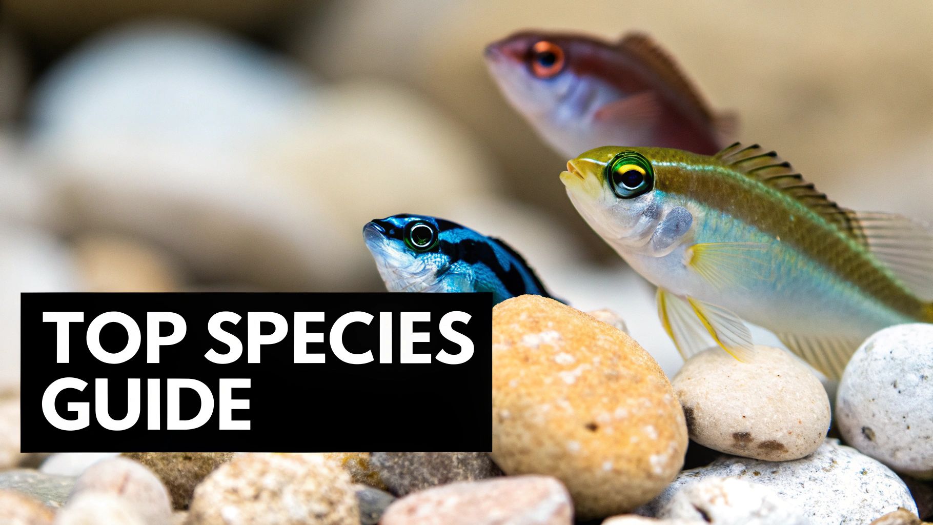 Three colorful fish, blue, green, and red, swimming among small pebbles with a 'TOP SPECIES GUIDE' overlay.