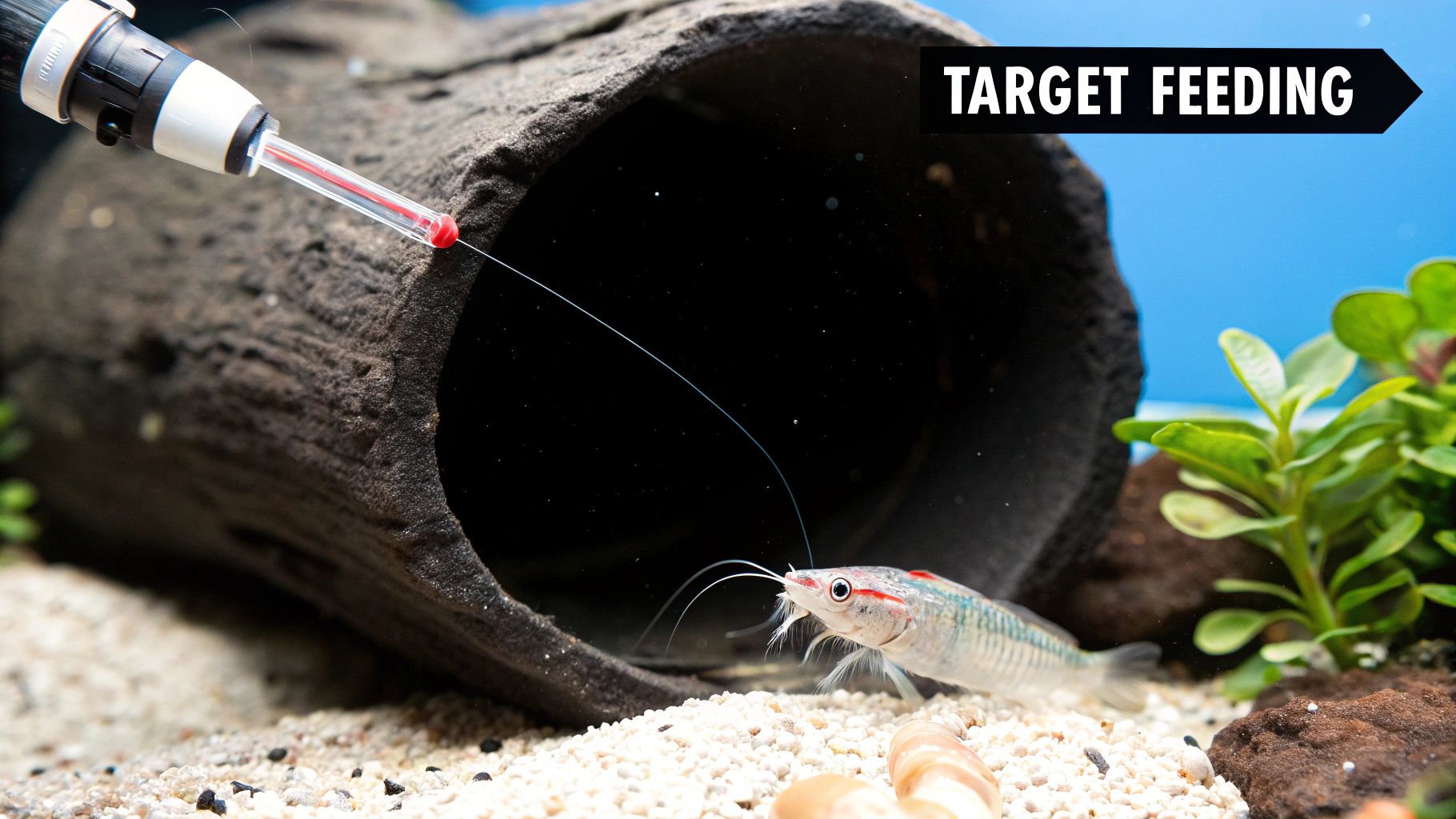 Target feeding a small aquarium fish with liquid food using precision pipette dropper