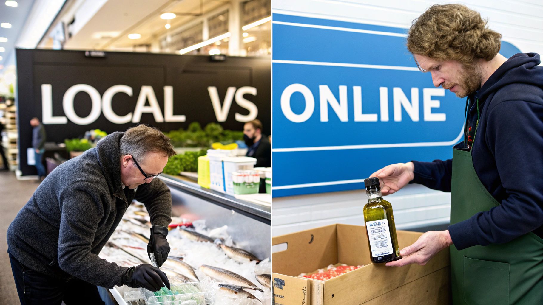 A diptych contrasting local fresh fish shopping with online grocery order fulfillment.
