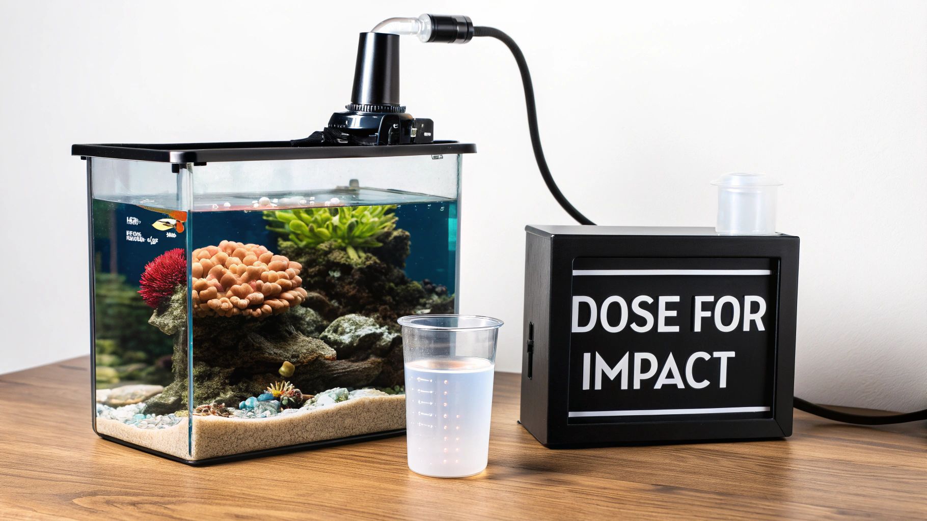 A reefer carefully uses a pipette to dose phytoplankton into a vibrant reef tank.