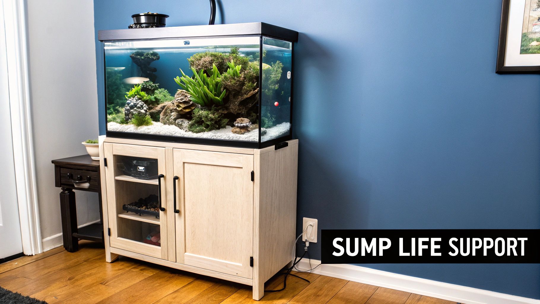 A beautiful planted freshwater aquarium on a modern light wood cabinet in a room with blue walls.