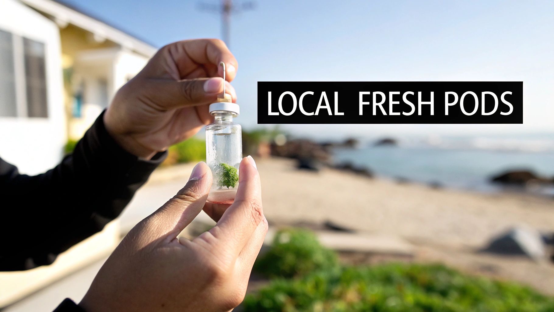A person's hands hold a small glass vial containing a tiny green plant, with a beach and ocean in the background.