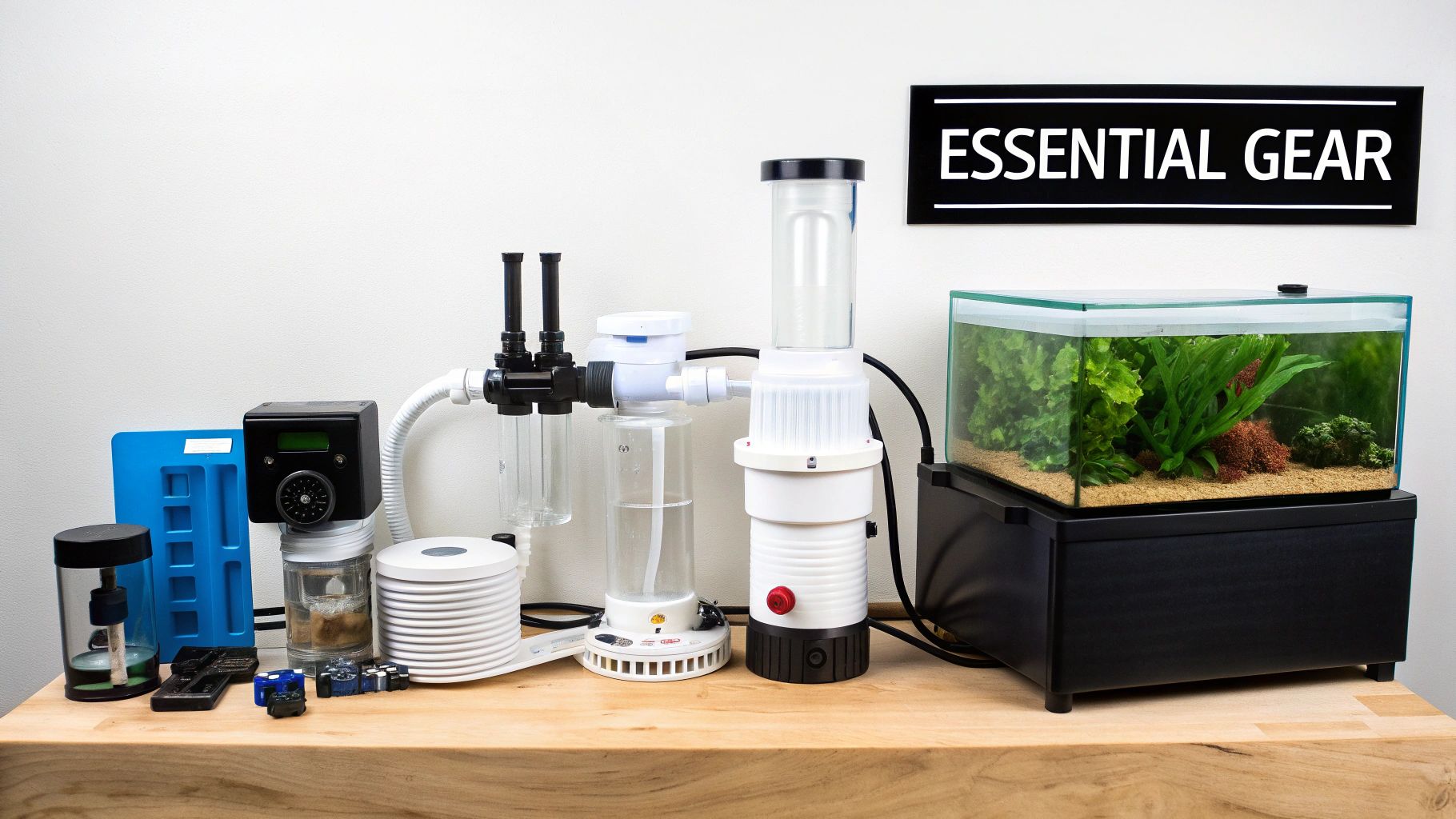 Essential gear and equipment for a saltwater coral reef tank, including filters, pumps, and a planted aquarium.