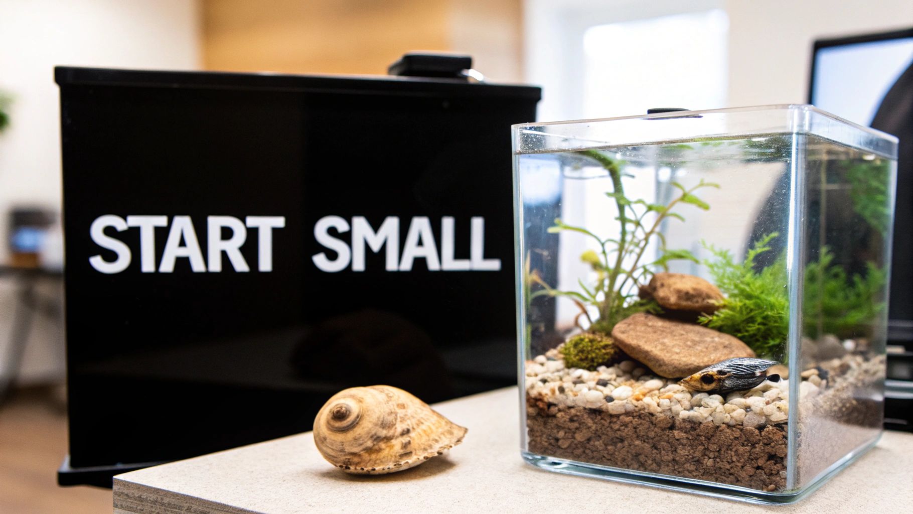 A small, colorful fish being carefully acclimated to a new saltwater aquarium.