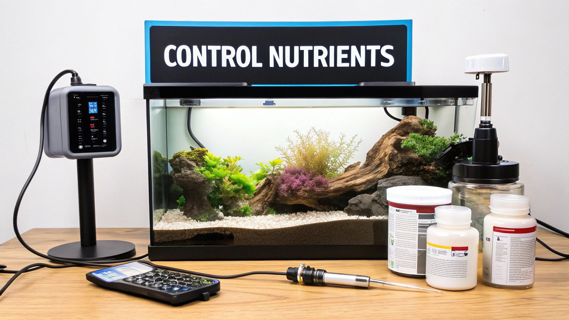 An advanced aquarium setup featuring a nutrient control system, testing equipment, and supplement bottles.