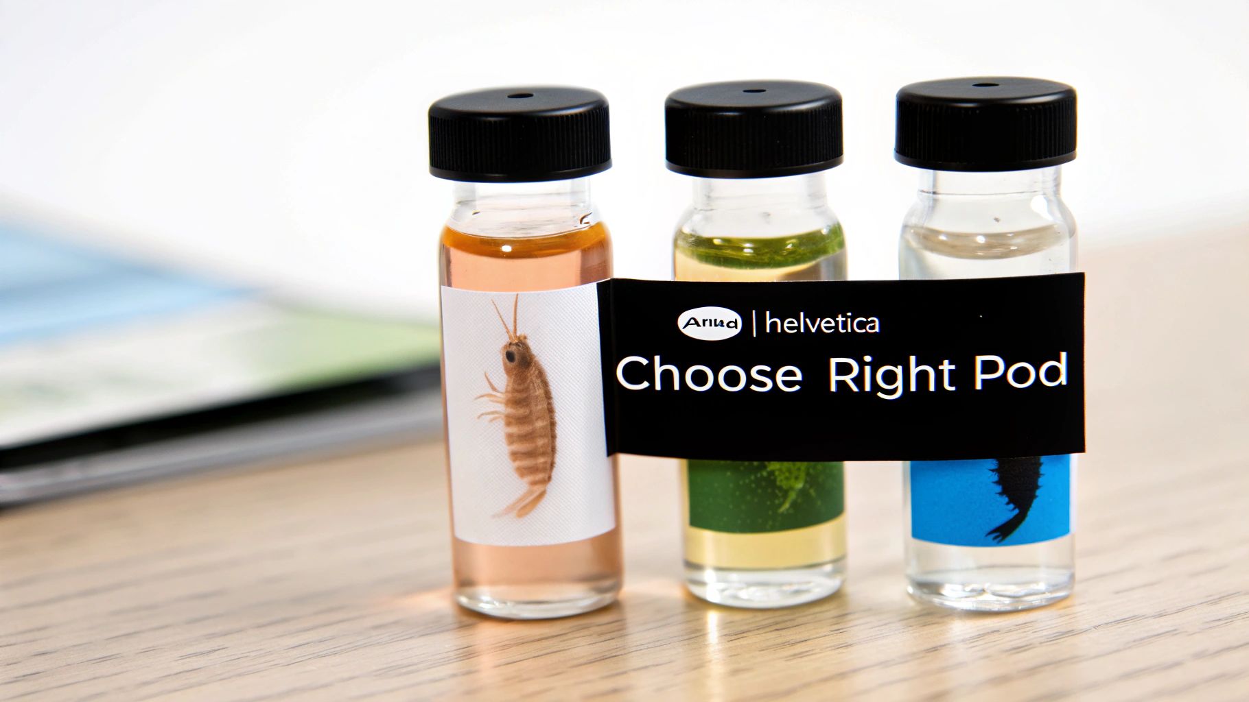 Three clear vials with different liquids and labels, featuring an insect and text 'Choose Right Pod'.
