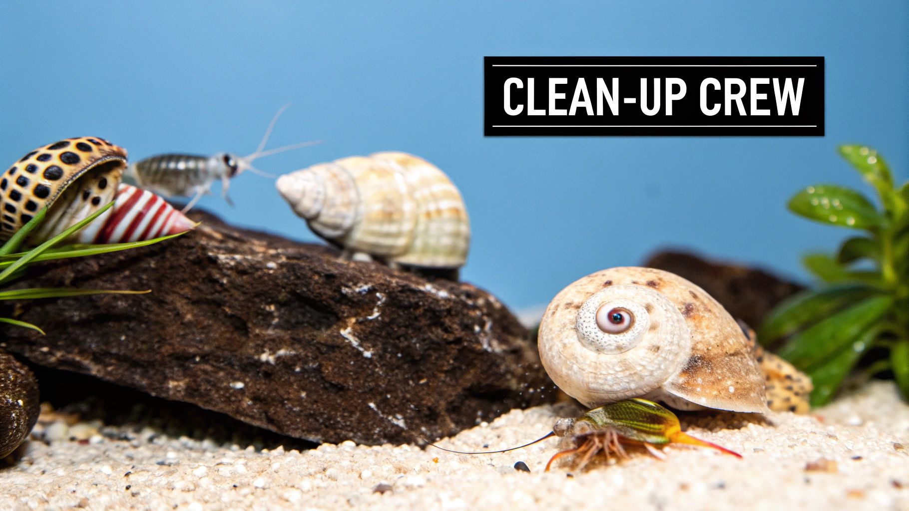 Close-up of various aquatic snails and small invertebrates on sand with rocks, labeled 'CLEAN-UP CREW'.