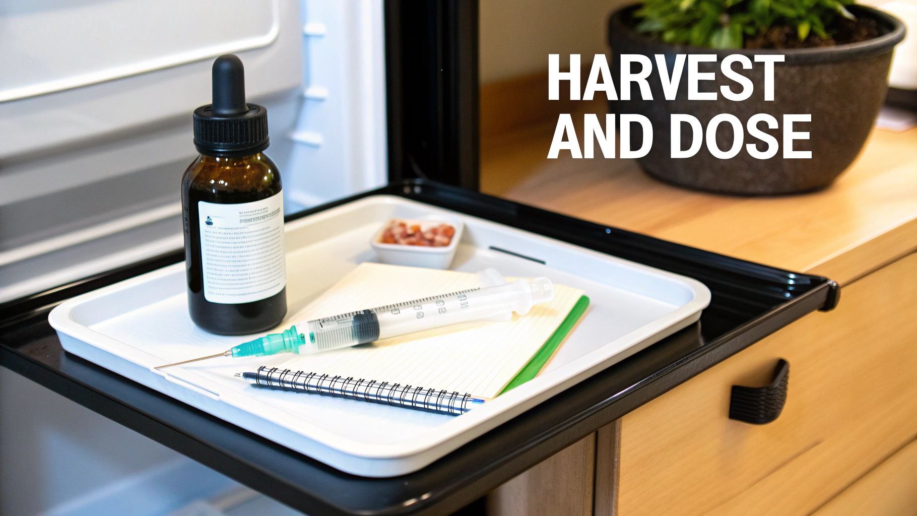 A beaker of dense green phytoplankton being poured into a storage bottle.