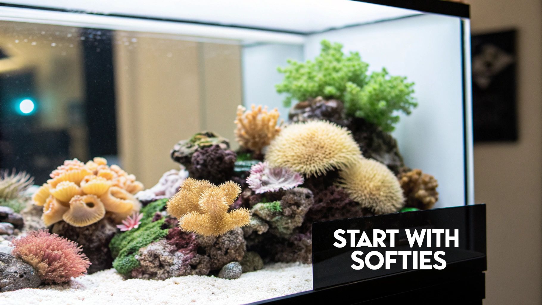 A vibrant soft coral reef tank with diverse colorful corals and live rock on white sand.