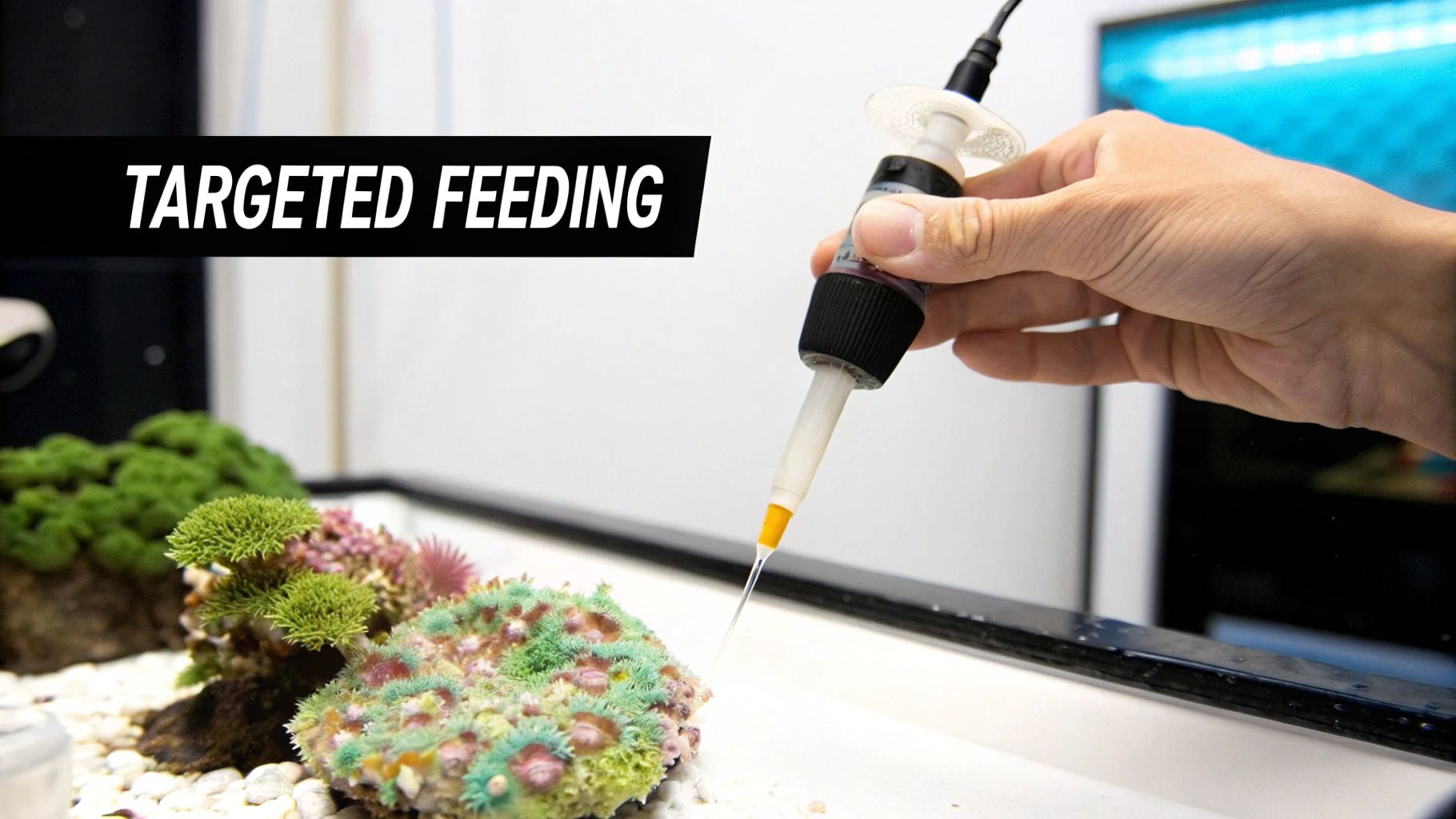 Close-up of a coral being target-fed with a pipette, with polyps extended to capture food.