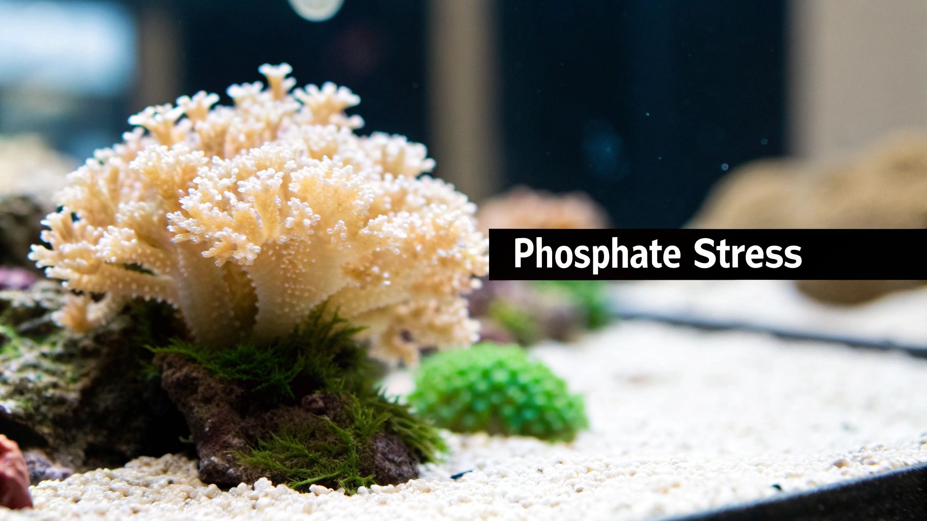 Close-up of a vibrant coral reef tank with a large light-colored coral and green growth, featuring the text 'Phosphate Stress'.
