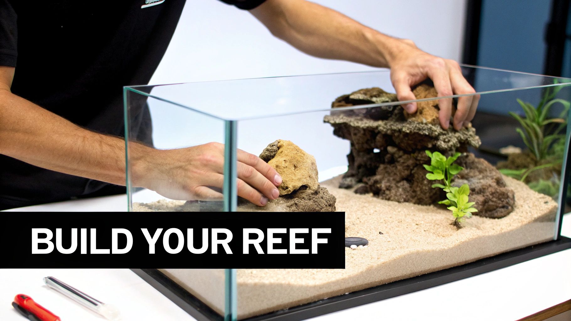 Aquascape with live rock and sand in a new aquarium setup, ready for water.