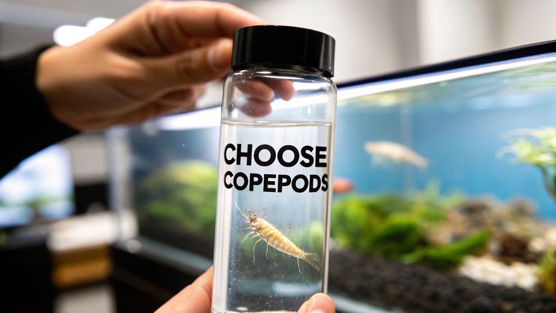 A person holds a clear bottle labeled 'CHOOSE COPEPODS' with a live copepod inside, next to an aquarium.