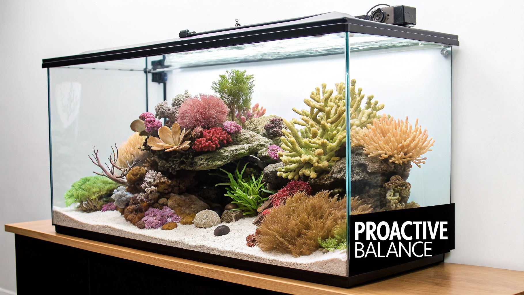 A vibrant, clean saltwater aquarium featuring diverse artificial corals and live plants on a wooden stand.
