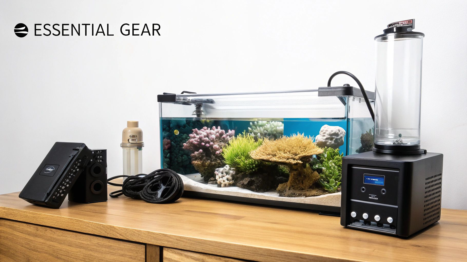 Modern reef tank equipment, including an LED light, protein skimmer, and heater, arranged neatly.