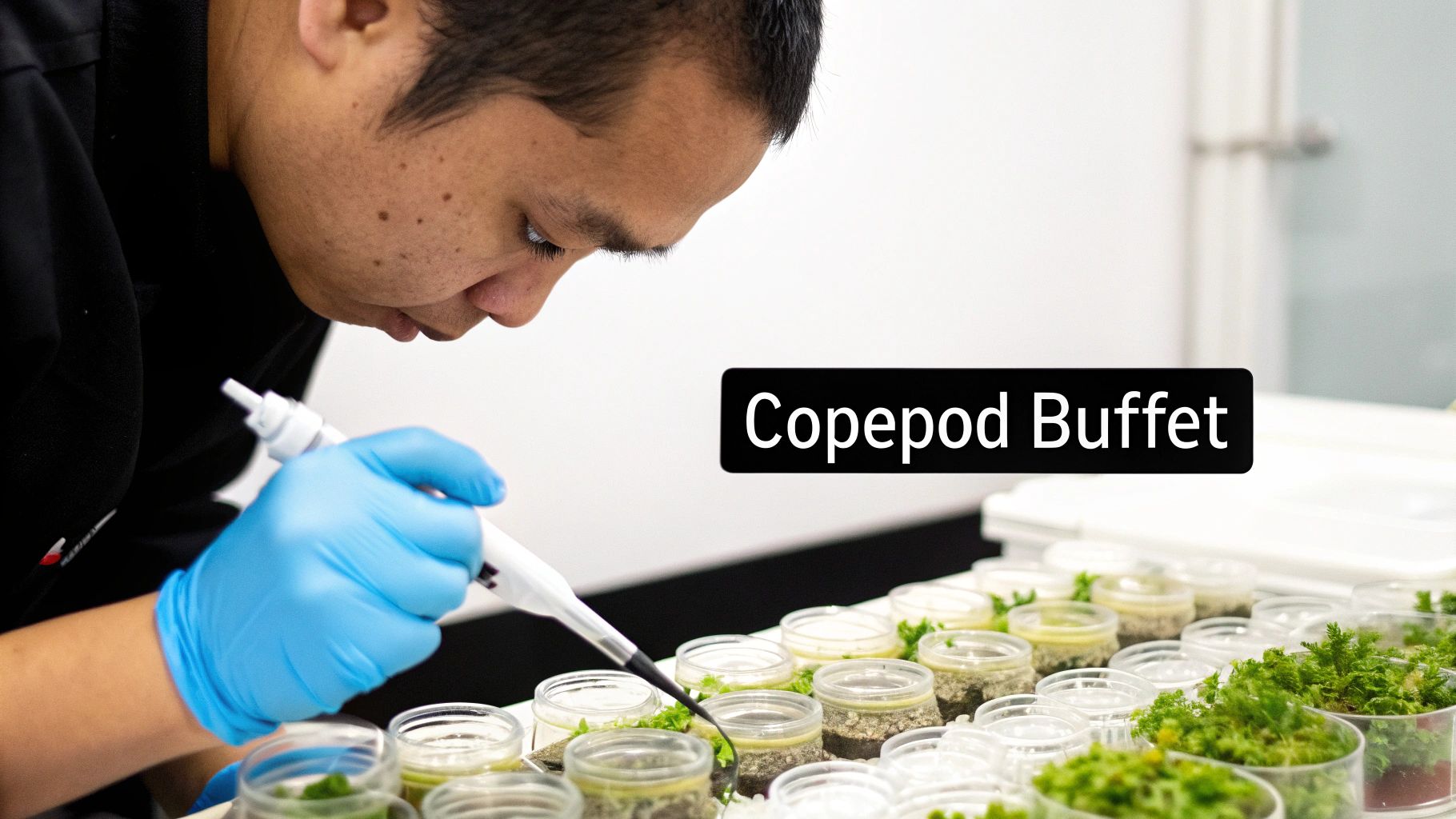 Laboratory technician using pipette for precise copepod cultivation in petri dishes buffet setup
