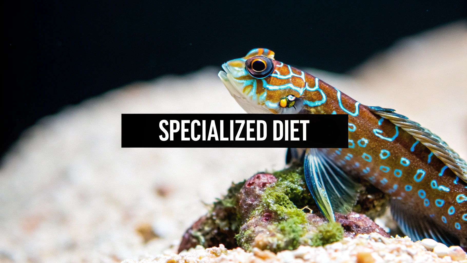 A vibrant mandarin dragonet fish with blue, orange, and brown patterns, alongside a black bar stating 'SPECIALIZED DIET' on a sandy aquarium bed.