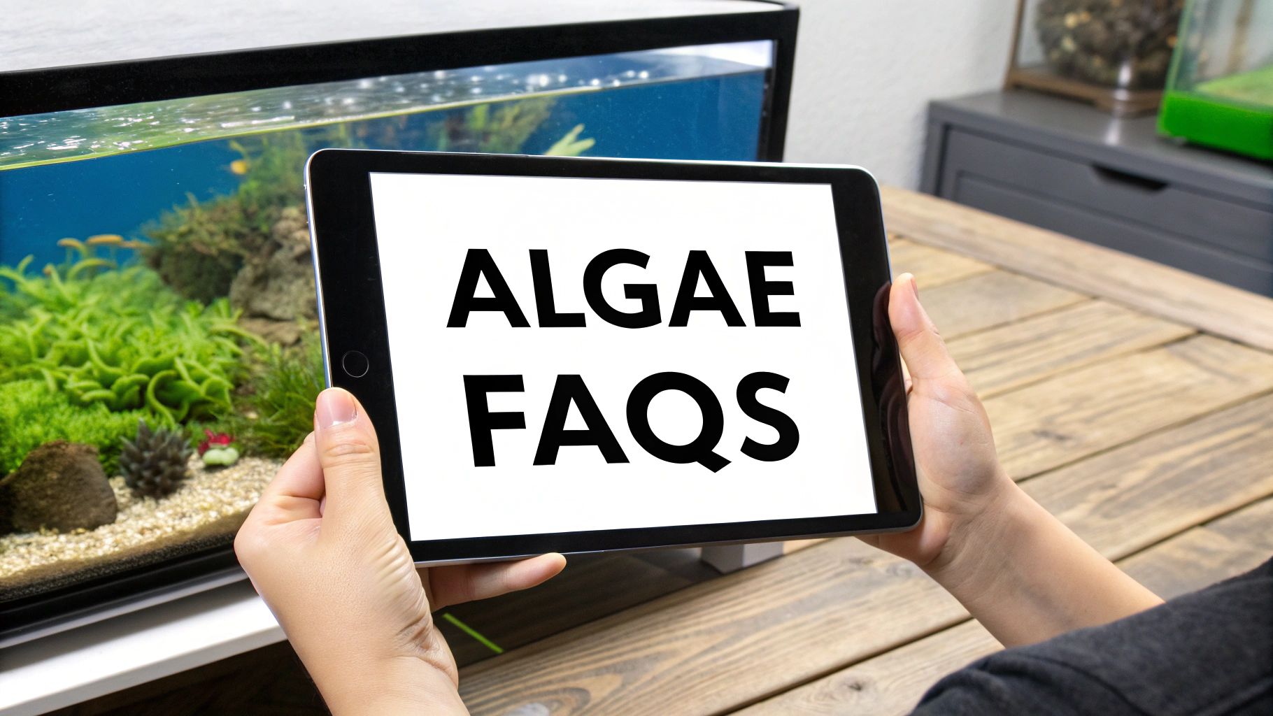 A person holds a tablet displaying 'ALGAE FAQS' in front of a lush planted aquarium.