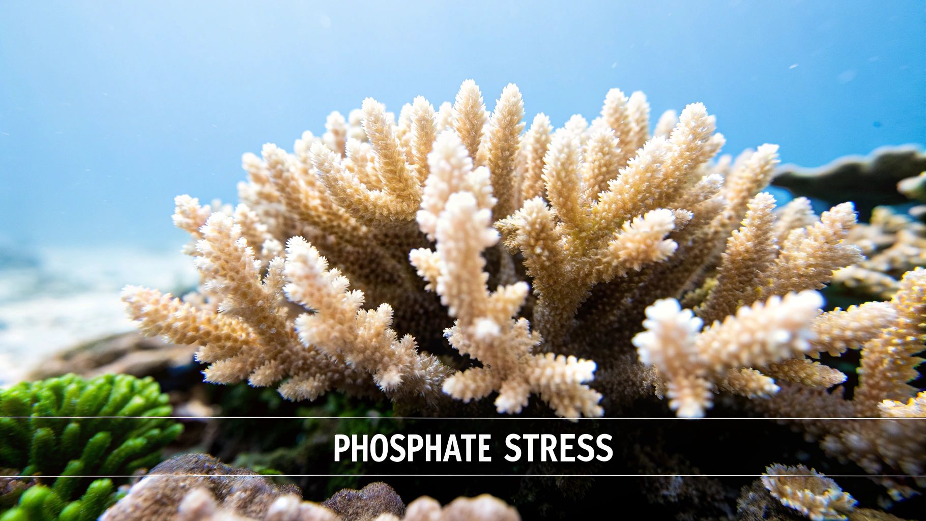 Underwater view of a light-colored coral with text 'PHOSPHATE STRESS', indicating environmental impact.