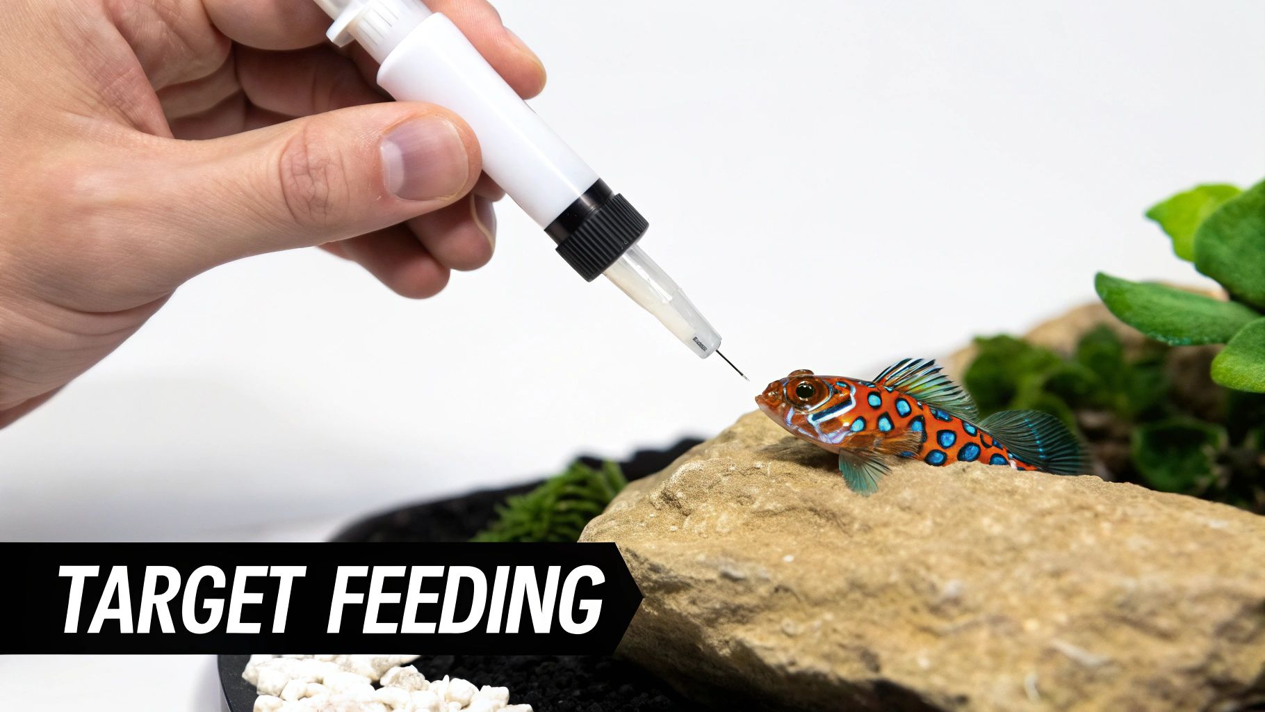 A close-up of a mandarin goby pecking at live rock in an aquarium.