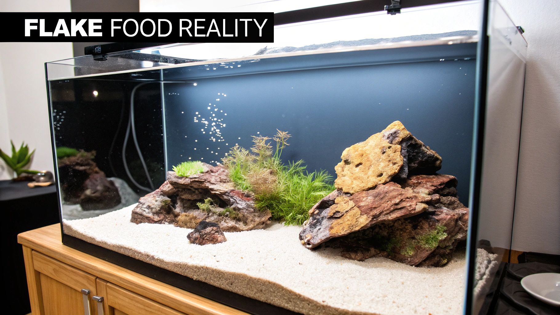 A clear glass aquarium with white sand, decorative rocks, and green aquatic plants on a wooden cabinet.