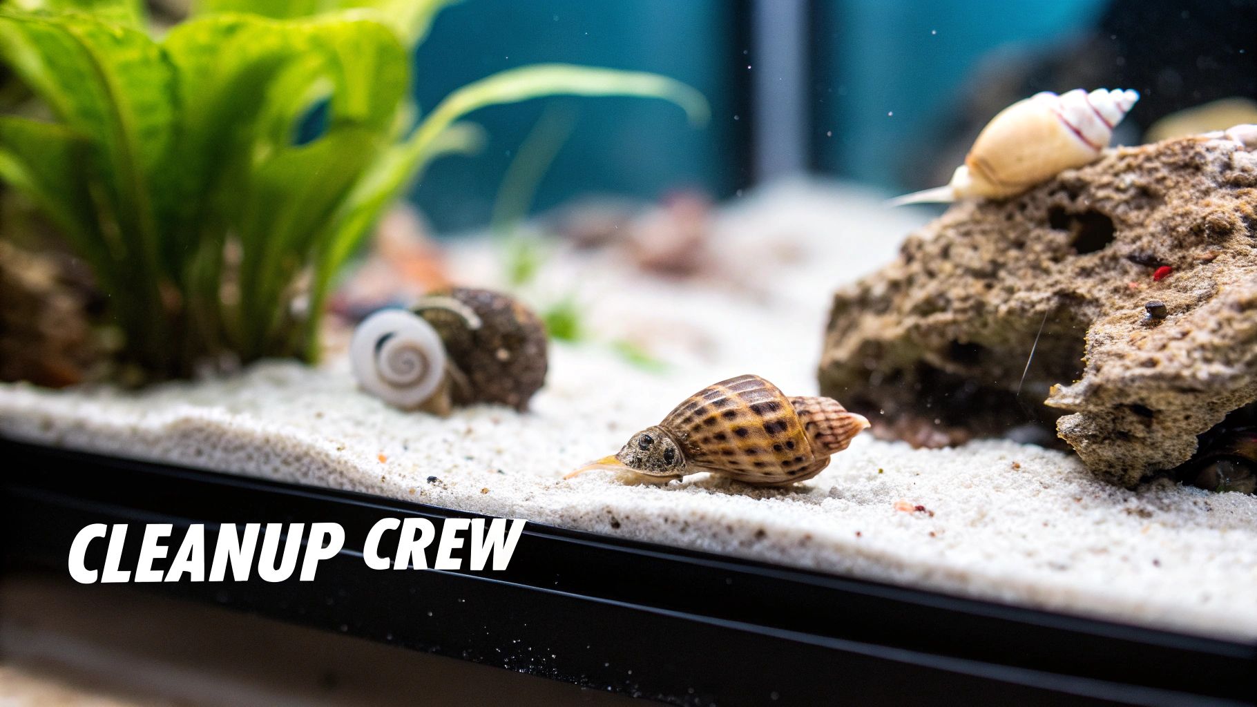 An aquarium with various snails on white sand, green plants, and rocks, labeled 'Cleanup Crew'.