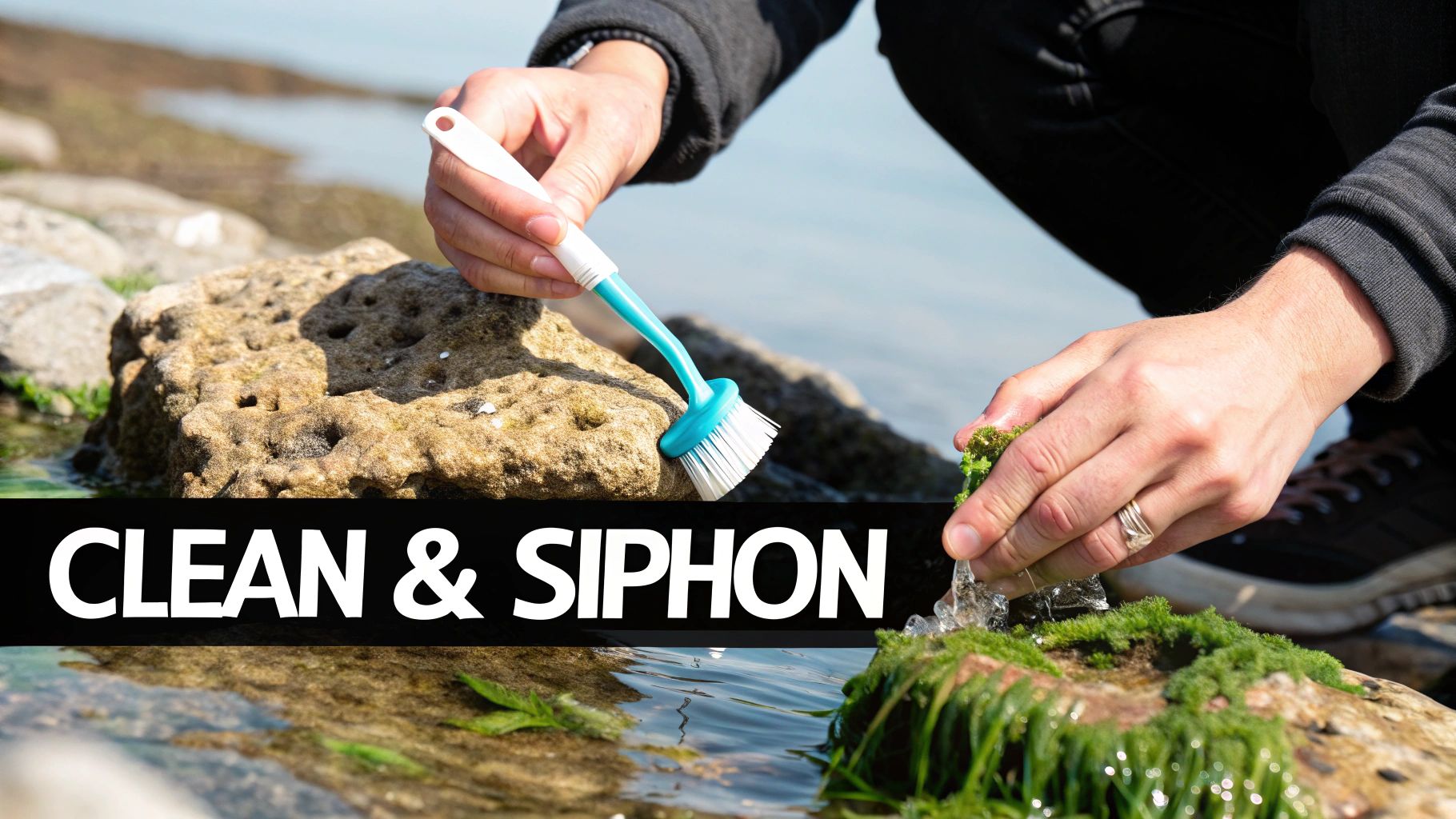 Hands cleaning algae off rocks by a body of water with a small brush.