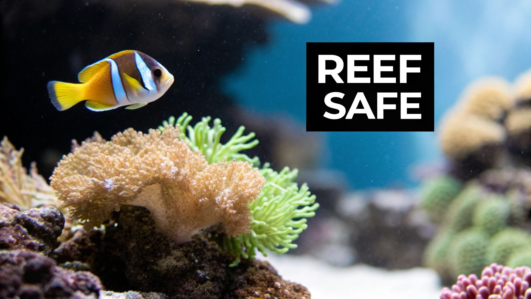 A colorful clownfish swims in a vibrant reef aquarium with diverse corals, labeled &#39;REEF SAFE&#39;.