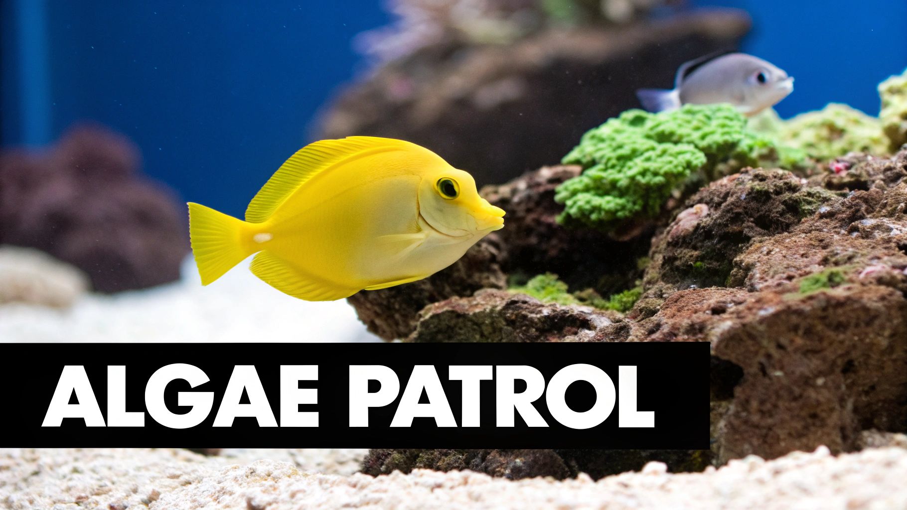 Several yellow tang fish swimming near coral reefs, a popular choice for algae control in marine tanks.