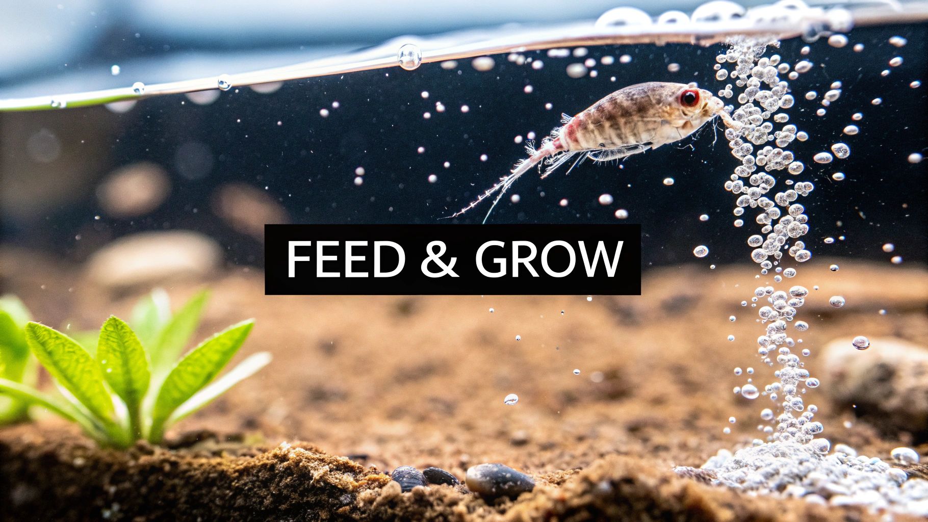A Tigriopus californicus crustacean swims in a clear tank with rising bubbles and a green plant. Text reads: FEED & GROW.