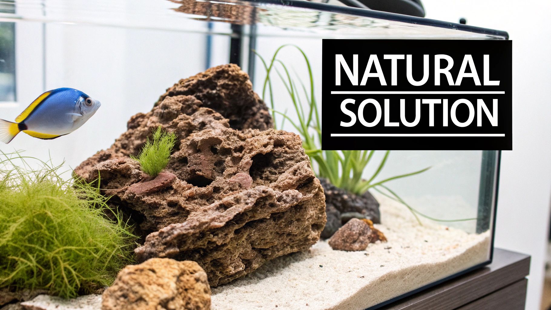 Blue and yellow saltwater fish swimming in natural aquarium with porous rock formations and aquatic plants