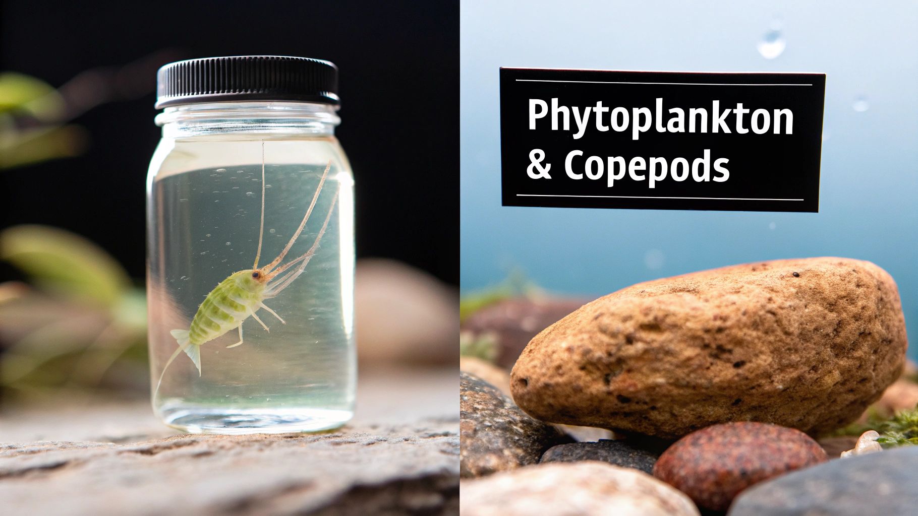 A split image showing a green marine creature in a clear jar and a sign for 'Phytoplankton & Copepods' over rocks.