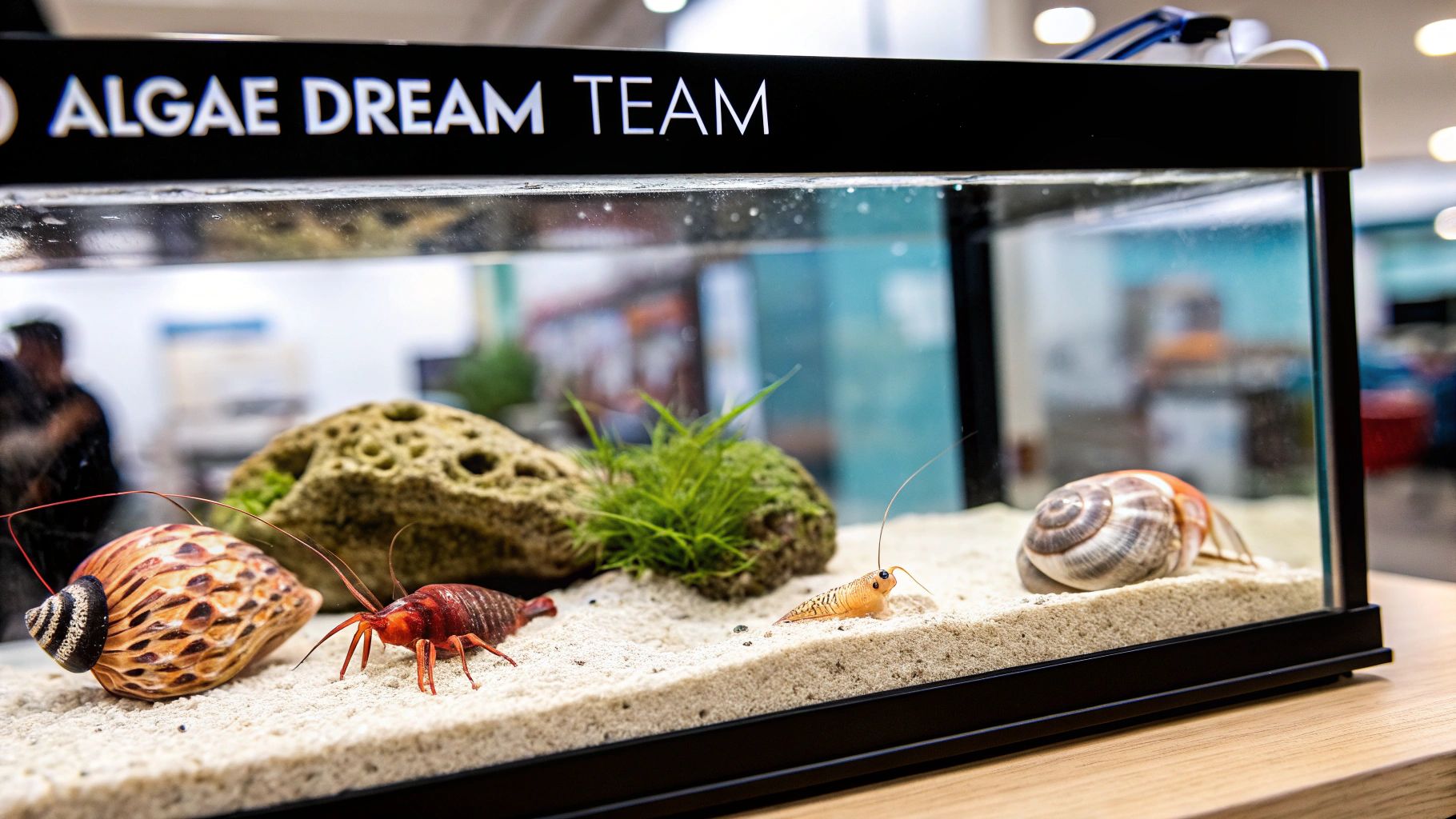 An aquarium featuring artificial marine cleanup crew, including snails and crustaceans, with an 'ALGAE DREAM TEAM' sign.