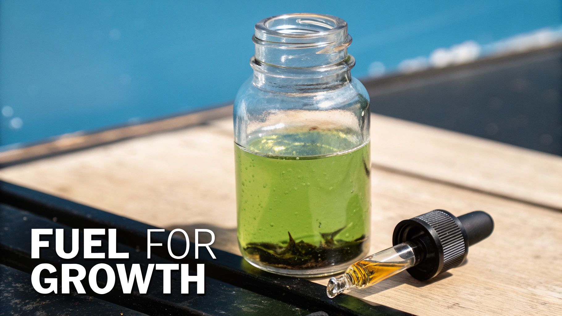 A glass bottle with green liquid and organic matter, beside a dropper with yellow liquid, on wood.