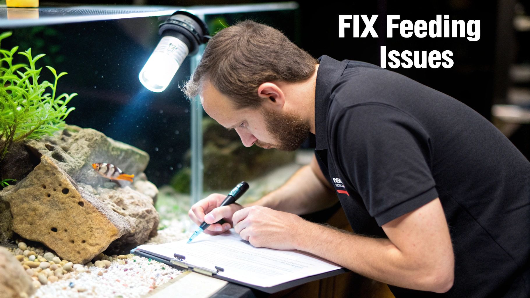 A man with a beard observes an aquarium with a fish, writing notes on a clipboard.