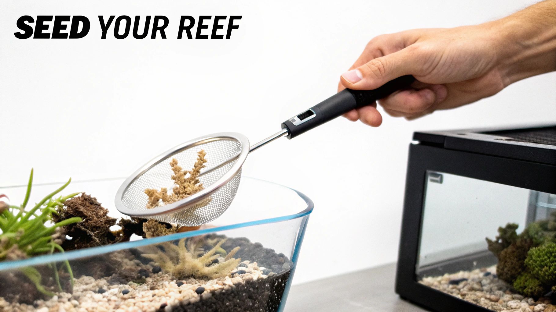 A hand uses a mesh scoop to add coral fragments into a glass reef tank setup.