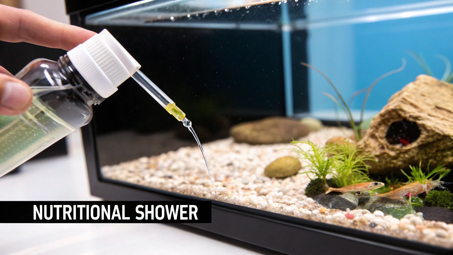 A hand adds liquid from a dropper bottle into a small aquarium with fish and plants.