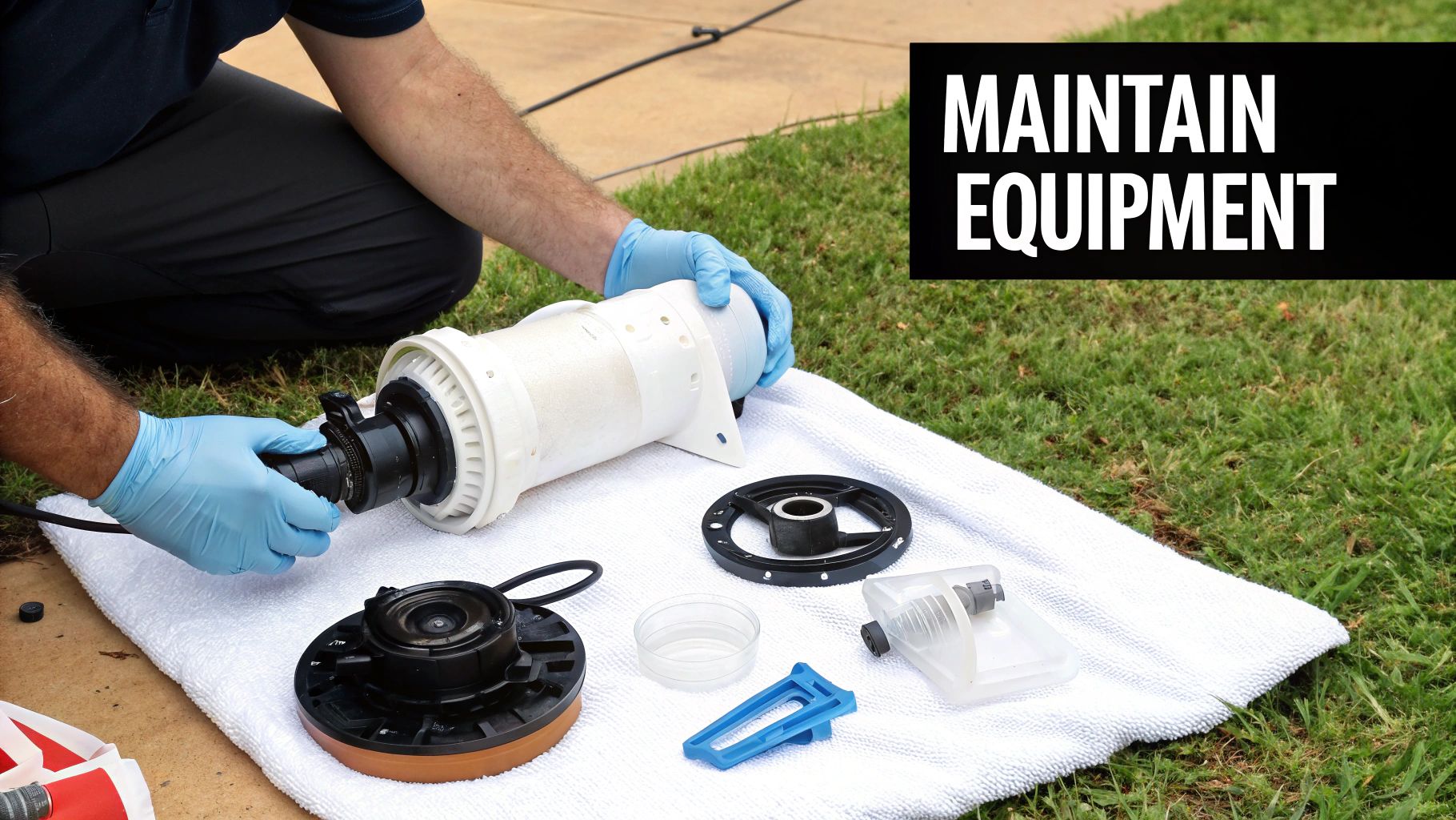 A person wearing blue gloves is maintaining and disassembling equipment on a white towel on grass.